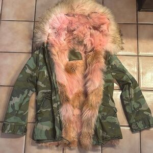 Pink and Brown Fur fox Coat with Camouflage print